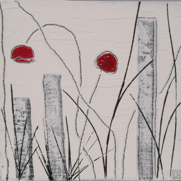 Herbes et deux fleurs rouges ( 20 X 20 cm) (vendu)