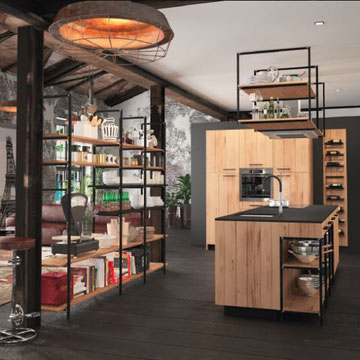 cuisine haut de gamme noire et bois chaleureuse aménagée dans le style industriel et loft grande tendance 2019-2020 et fabrication française chez cuisine design Toulouse
