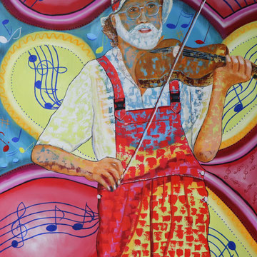 Claus der Straßengeiger vom Niederrhein 100 x 80 cm. Öl auf Leinwand.