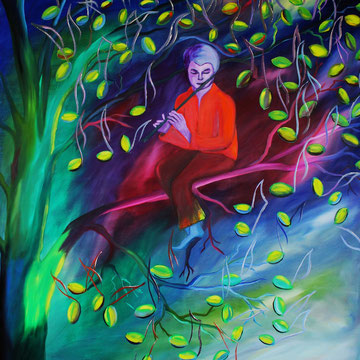 Flötenspieler im Baum, 120 x 100 cm. Öl auf Leinwand ,An dem Baum sind keine Blätter, das sind Noten und die gespielten fallen runter.