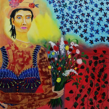 Blumenmädchen, 80 x 100 cm. Öl auf Leinwand, 