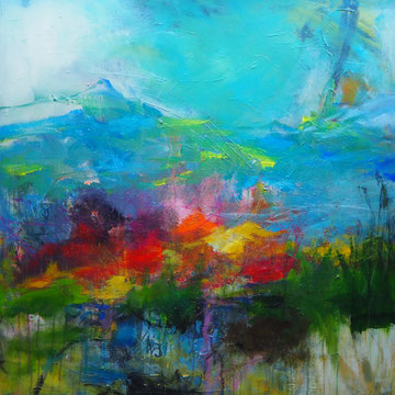 100 x 100 cm, Acryl auf Leinwand, Landschaft vor Bergen                                                           900 Euro