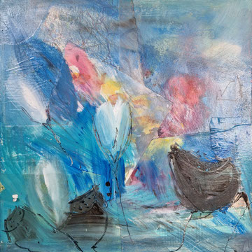 60 x 60 cm, Acryl auf Leinwand, rifugiati in piccole imbarcazioni, 500 Euro