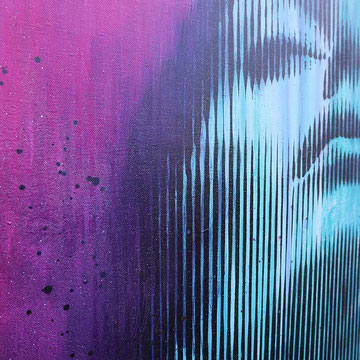 Ausschnitt von COLORFUL PASSION, leuchtende Urban Art Details in Pink, Blau und Violett mit markanter Mixed Media Struktur