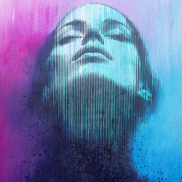 COLORFUL PASSION, originales Urban Art Gemälde von Alltich, expressive Frauenfigur in Pink, Violett und Blau, Mixed Media mit Sprühlack und Acryl auf Leinwand