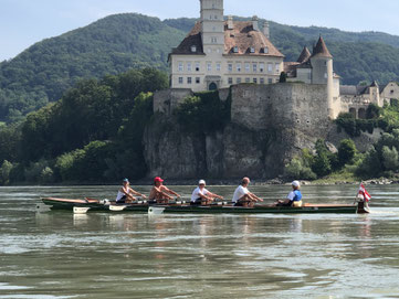 Gigdoppelvierer mit Steuermann-/frau auf der Donau