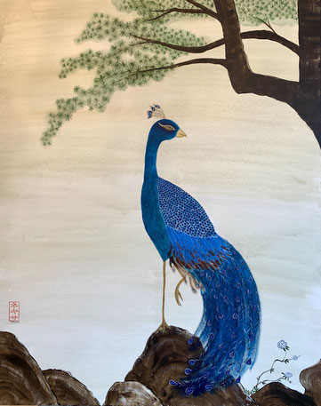 Japanese Nihonga painting showing a peacock standing on a rock with pine tree in the back traditional Asian art painting with delicious and delicate details art for your home art for sale