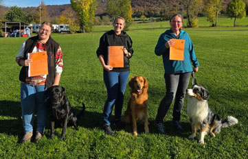 Drei Personen stehen auf einer Wiese, jede hält ein orangefarbenes Blatt, vor ihnen sitzen drei Hunde verschiedener Rassen.