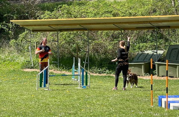 Zwei Personen auf einer Wiese mit Agility-Hindernissen, eine Person zeigt mit erhobenem Arm auf ein Hindernis, neben ihr steht ein Hund