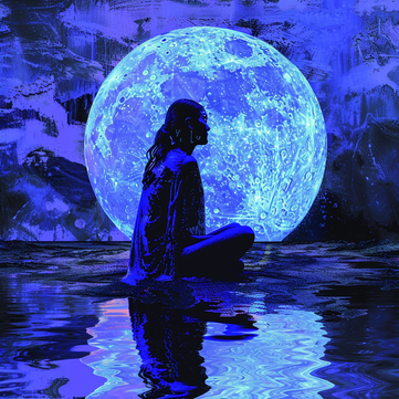 Eine Frau sitzt in einer Yoga-Pose vor dem Mond, im Stil von dunklem Himmelblau und hellem Magenta, bunte Vibrationen um den Mond herum, leuchtende Reflexionen