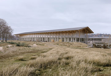 Schön und naturnah: So soll der Neubau des Wikingerschifssmuseum in Roskilde 2030 aussehen. Copyright: KVANT-1 og Lundgaard & Tranberg Arkitekter/PR
