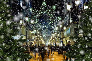 winter street scene with Christmas trees