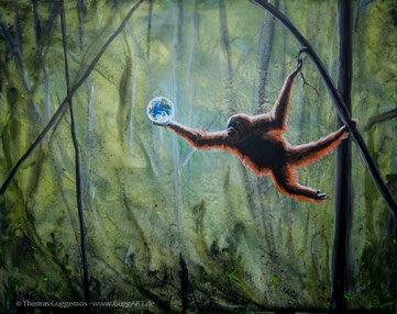 realistisches, surrealistisches Acrylbild, Orang Utan mit Weltkugel, Malerei von Thomas Guggemos