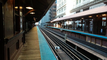 THe loop Chicago Train station viewing the train and the station and the railroad