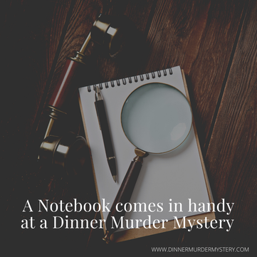 A Top secret notebook, spyglass and pen, used for an exciting Dinner Murder Mystery party game.