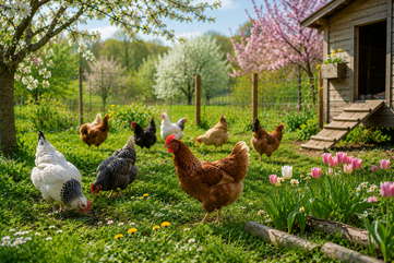 Hühner im Freigelände im Frühling – Weidegang und frische Kräuter für gesunde Geflügelhaltung