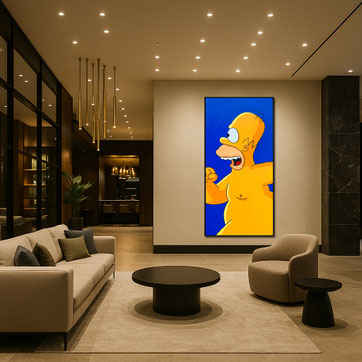 Hotel-Lobby – Ein humorvoller Empfang: In einer Lobby sorgt der „SAUNABOY“ sofort für Gesprächsstoff. Das gigantische Format beeindruckt die Gäste, während das Motiv eine lockere, gastfreundliche Atmosphäre schafft.