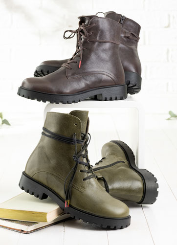 Schnürstiefelette mit Profisohle und Zierschnürung um den Schaft in den Farben dunkelbraun und olive.