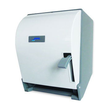 Despachador / Dispensador de toalla en rollo palanca PT61000 Color: Blanco con base gris Dimensiones en milímetros: Alto: 365 Largo: 285 Ancho: 245 Capacidad: 1 rollo de 8’’ / 20.3 cm Contenido por caja: 1 pieza