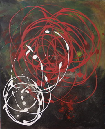 Peinture abstraite sur fond, noir, vert et oranger avec des tourbillons rouges et blanc, évoquant une symphonie en mouvement œuvre de Nine artiste, peintre à Trans en Provence