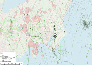 図6　過去に発生した地震(70㎞)の震源の位置と各プレートの深さ 　震源データは気象庁の震源データを利用した．プレートの深さは弘瀬ほか(2008)による．地震は1923年～2007年