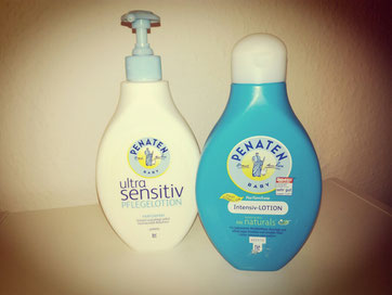 Rechts die frühere Version der parfümfreien Lotion von Penaten, links die neue.