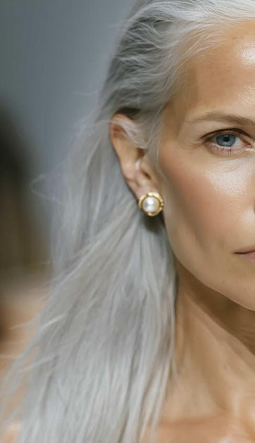Close-up of a woman with silver-grey hair wearing an elegant gold pearl earring. Soft light highlights her skin and the jewelry.