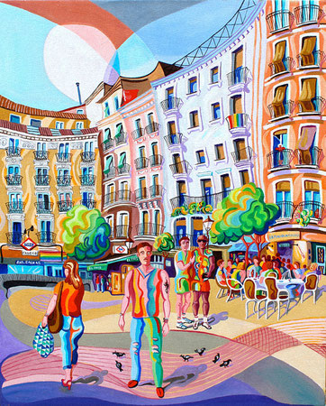 PLAZA DE CHUECA (MADRID). Huile sur toile. 100 x 81 x 3,5 cm.