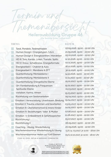 Terminübersicht Heilerausbildung Beginn 7.9.2026