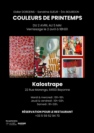 Affiche de l'exposition intitulée Couleurs de printemps, au Kalostrape à Bayonne, regroupant trois artistes professionnels.