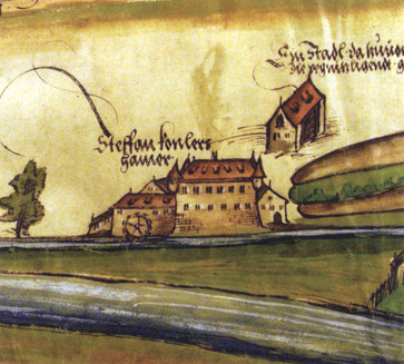 Stephan Kanlers Hammerwerk und -Schloss, Hieronymus Beheim; Ausschnitt aus der Pegnitztalkarte 1544_45, StAN, Rst. Nbg, Karten und Pläne Nr. 308