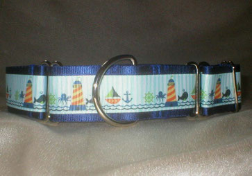 Halsband, Hund, Martingale 4cm breit, Gurtband maritim-blau, Borte mit Strand- und Seemotiven