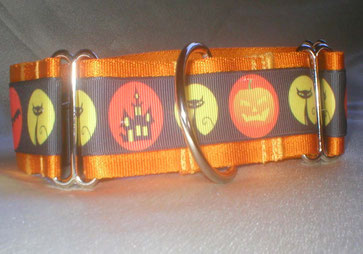 Martingale, Halsband, 4cm, Gurtband goldorange, Borte mit Halloweenmotiven