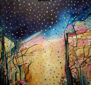 Berührung bewegt 95x95 cm Acryl auf Naturleinwand 2021 Angelika Wolf