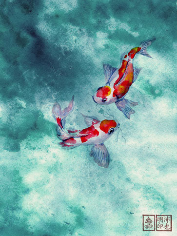 Exponat: Kois "明沛" - Größe: 30 x 40 cm - Art: Aquarell- & Aquarellstiftmalerei / © by Emil Pelz / 27. November 2025