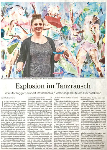 Artikel in der Hildesheimer Allgemeinen Zeitung "Explosion im Tanzrausch - Zoë MacTaggart erobert Rasselmania" vom 2. Mai 2019