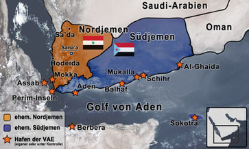 Die Vereinigten Arabischen Emirate haben am strategisch so wichtigen Golf von Aden sowie an der Bab al-Mandab-Meerenge die Kontrolle über ein dichtes Netz an Häfen erlangt bzw. gänzlich neue errichtet. By Jakob Reimann, JusticeNow!, licensed under CC BY-N