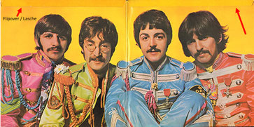 Die roten Pfeile deuten auf das "Flipover"; Album "The Beatles - Sgt. Pepper' Lonely Heart's Club Band" (1st., GER 1967)