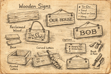 Hand-drawn reclaimed wood signs with painted and carved lettering, including personalised name and decorative hanging signs.