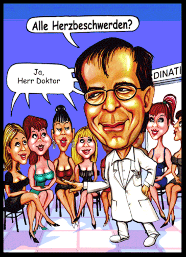 Karikaturen zeichnen lassen, ein Kardiologe mit Patientinnen.