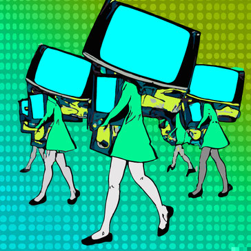 "people carrying lots of TVs, pop art" | created by AI, curated by human