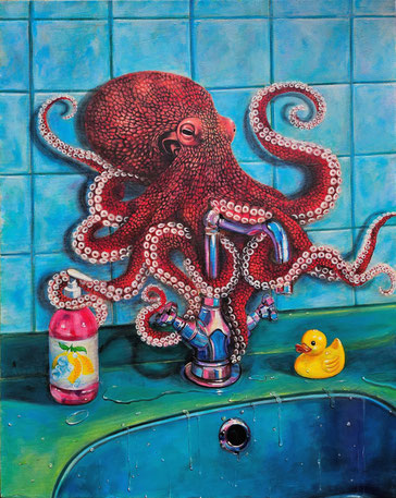 "Octopus in the bathroom", 2026, acrylic on canvas, 80x100 cm