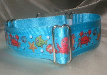 Martingale, Halsband, 4cm, Gurtband eisblau, Borte mit Meerestieren