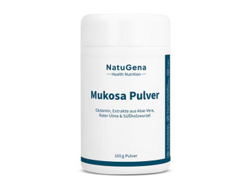 Nahrungsergänzung Mukosa Pulber von Natugena mit löslichen Ballaststoffen und Schleimhautwirkstoffen für einen gesunde Darmschleimhaut und zur Unterstützung des Verdauungssystems