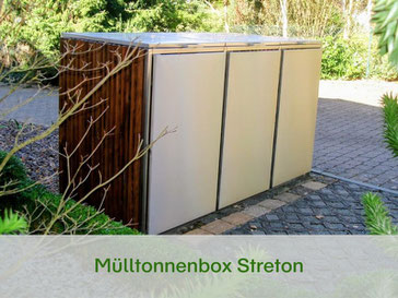 Mülltonnenverkleidung Streton, eine wunderschöne Mülltonnenbox in Edelstahl mit seitlicher Holzverkleidung