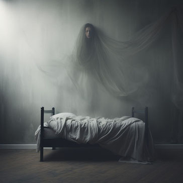 Ein Bett mit weisser Betwäsche die runter hängt in einem Raum in grauer Farbe, darüber schwebt ein eine Frau oder Geist mit langen Stofffetzen die in der Luft schweben