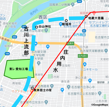 古川上流部のおおまかな流路図