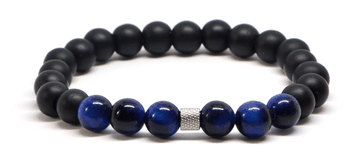 Bracelet homme noir mat et perle oeil de tigre bleu