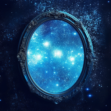 Ein alter verzierter Spiegel mit blauem Rahmen ist an einer dunkel Blauen Wand angemacht, die Wand sieht aus wie ein Galaxy Hintergrund, im Spiegel ist hellblaues Licht zu sehen und glänzende weisse Lichtpunkte die sehen aus wie Sterne