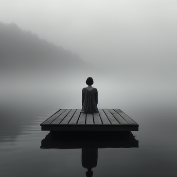 schwarz-weisses Porträt einer Frau, die auf einem Dock im Nebel meditiert uns mit dem Rücken zugewandt, im Stil von dunklem Silber und Schwarz,Minimalismus, unheimlich realistisch, subjektive Darstellungen, Tischfotografie